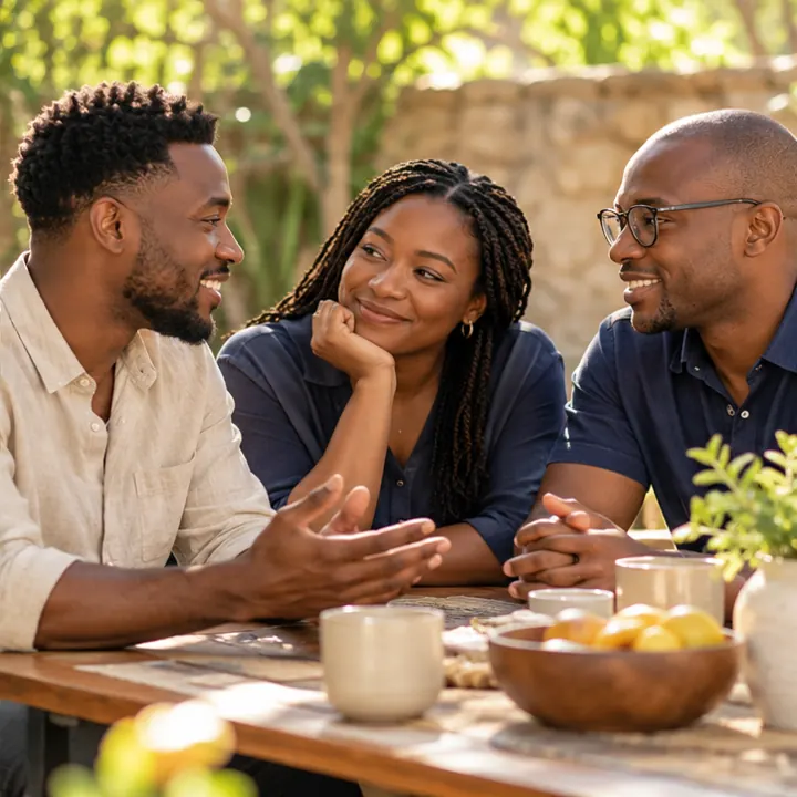 Illustrative scene of friends connecting in a supportive conversation